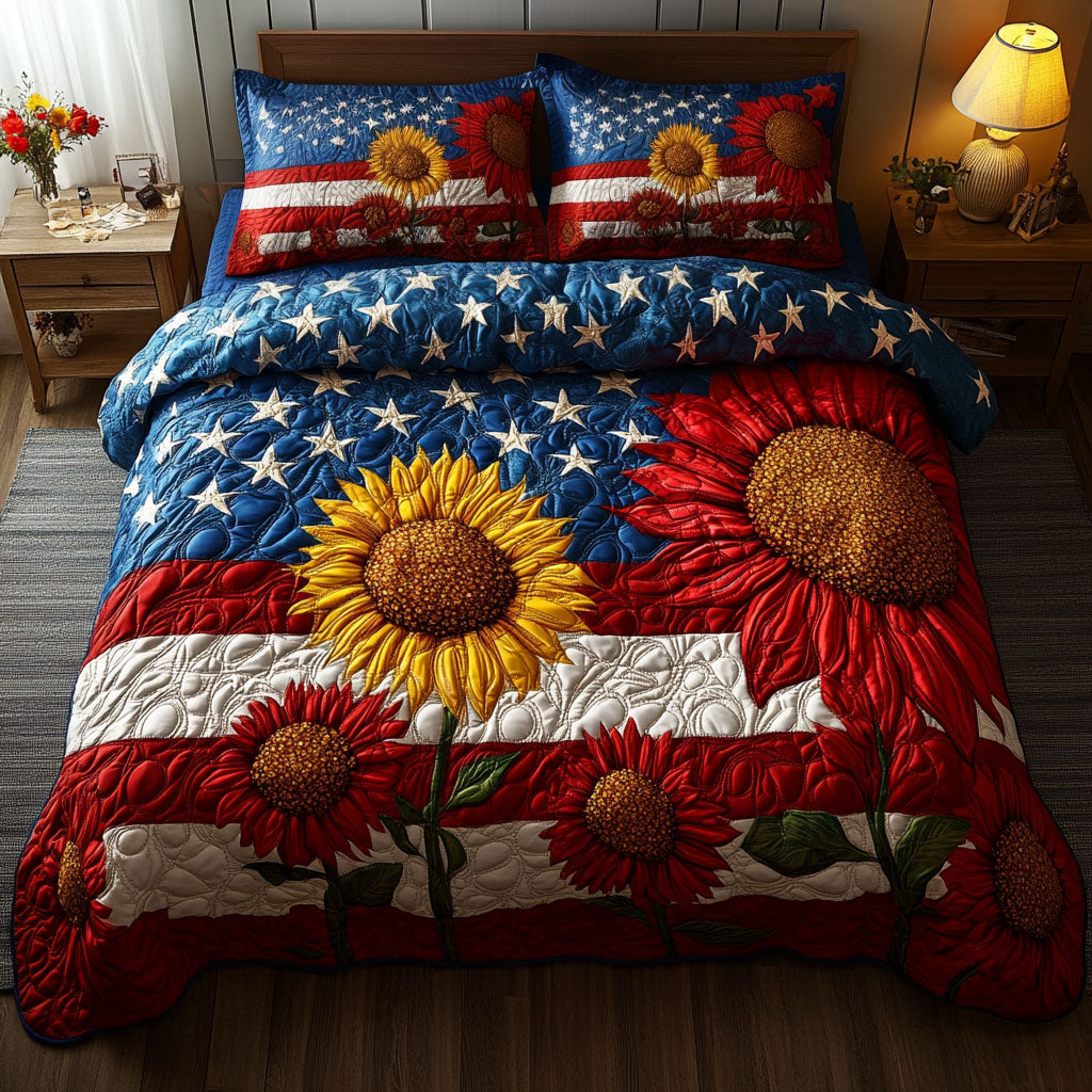 Sunflower Flag Quilted Bedding Set Bedroom Decor Patriotic Gift Items
