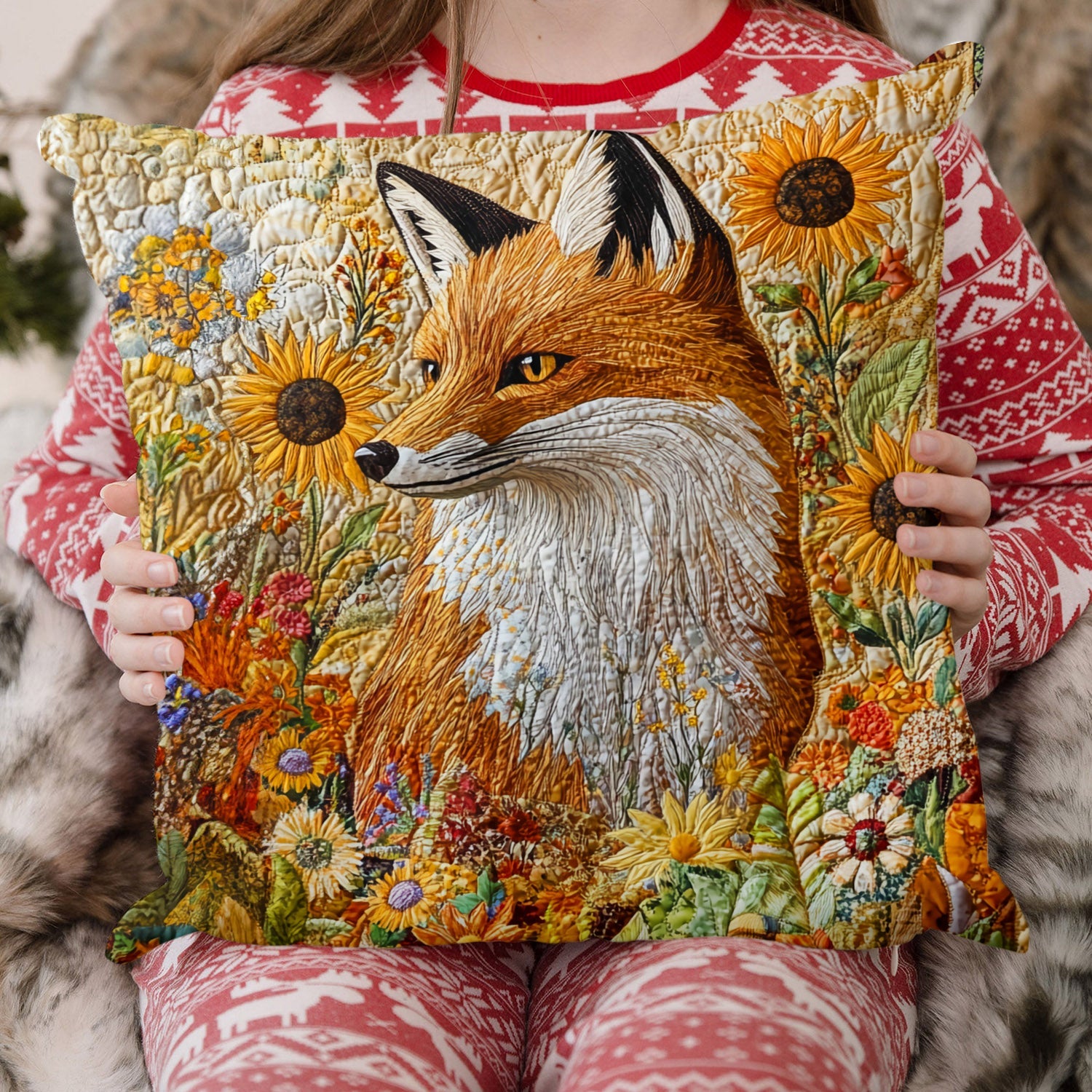 Sunflower Fox Quilted Pillow Case Seasonal Holiday Pillow Cover