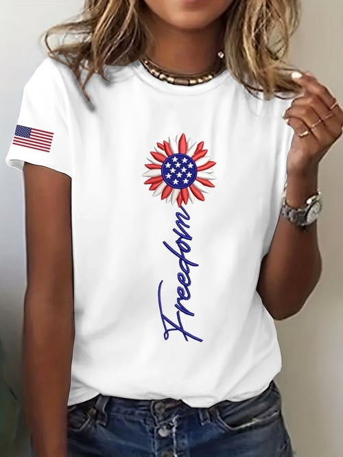 Sunflower Freedom T-Shirt America Flag Flower Graphic Tee Patriotic Gifts For Women
