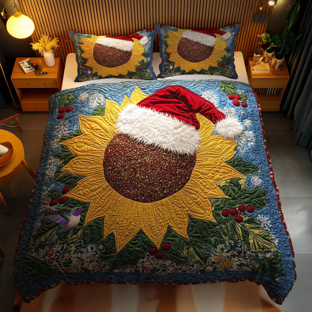 Sunflower Frost Delight Holiday Xmas Quilted Bedding Set Christmas Gifts For My Wife