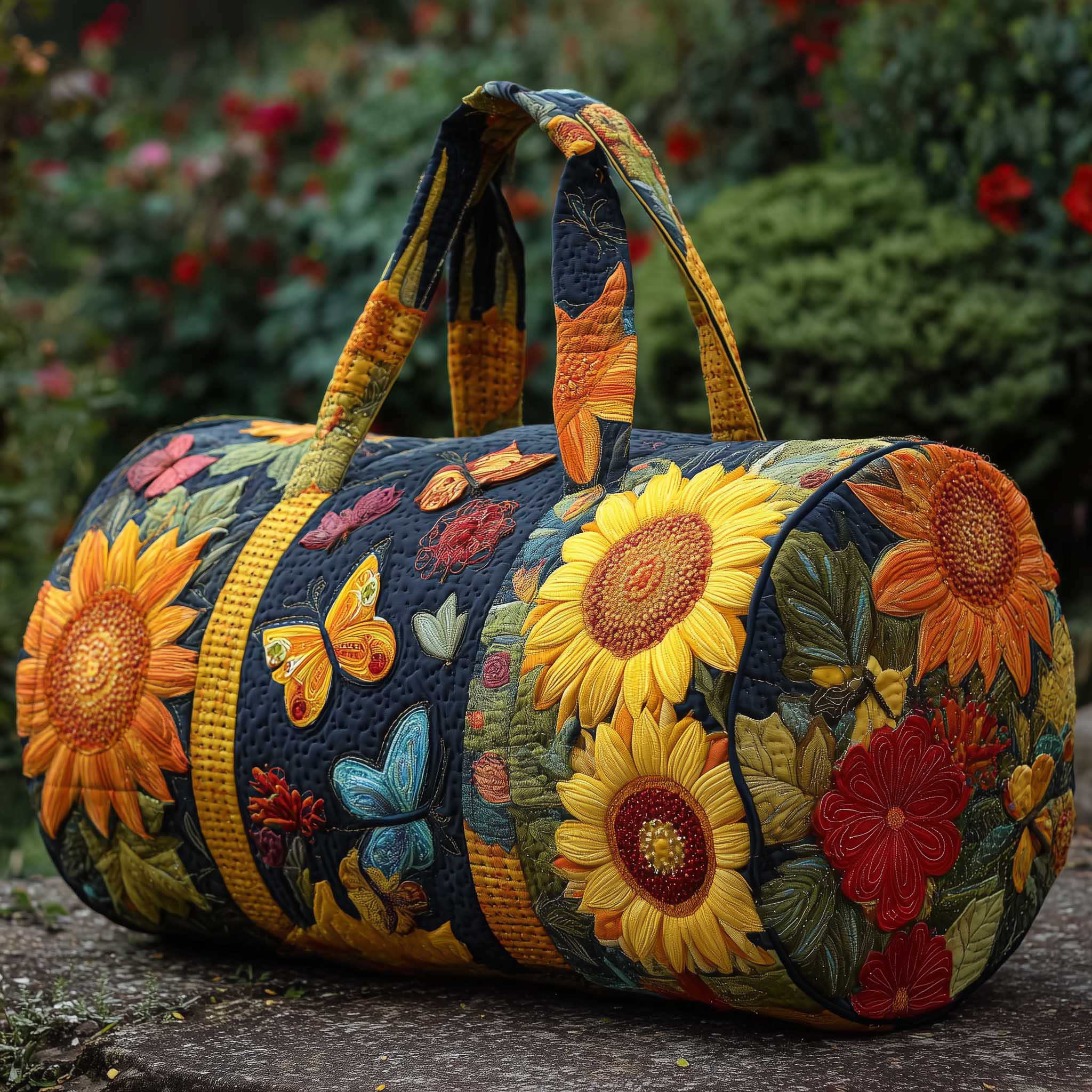 Sunflower Garden Quilted Duffle Bag For Work And Travel