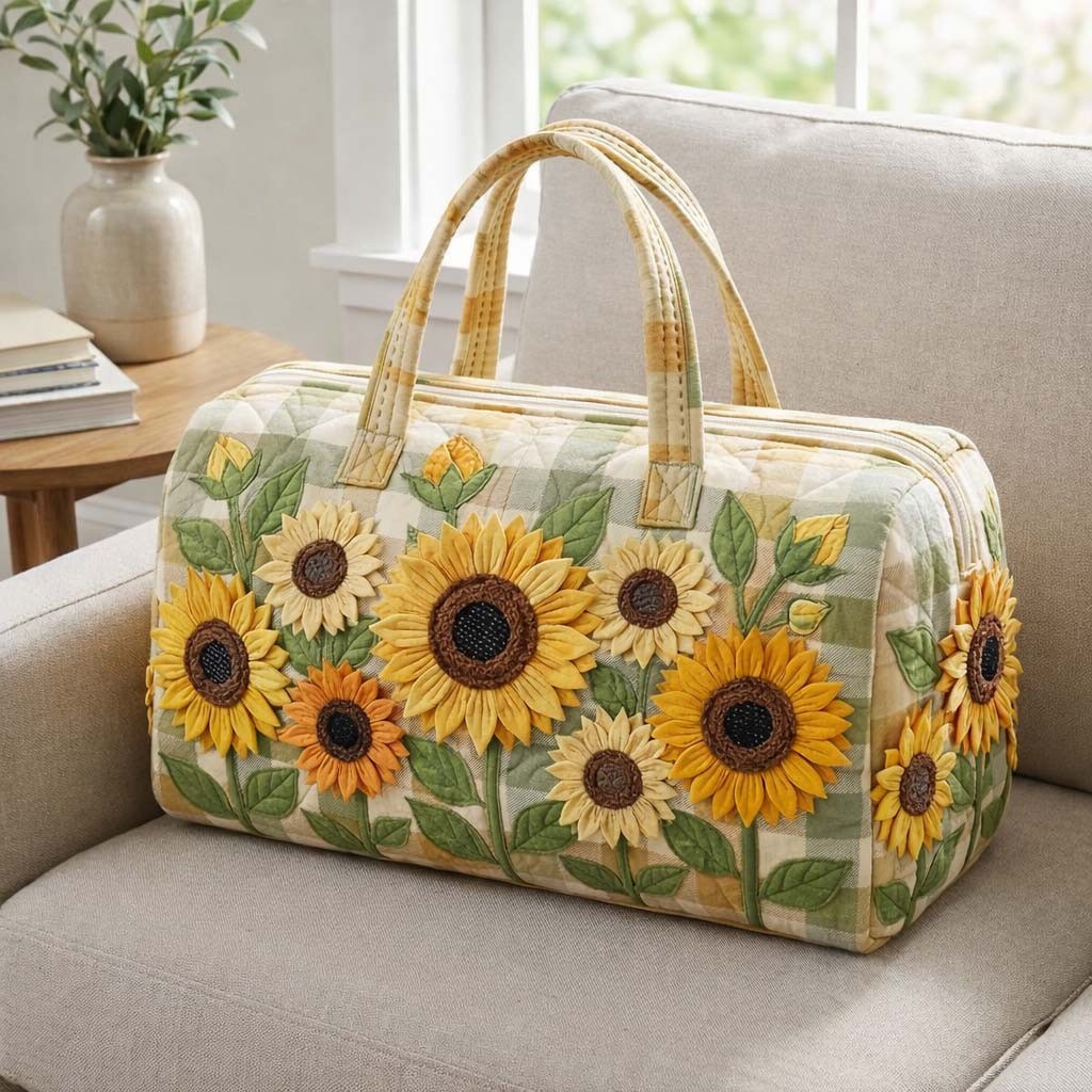 Sunflower Garden Quilted Duffle Bag Yellow Green Plaid Wildflower Best Gift For Her