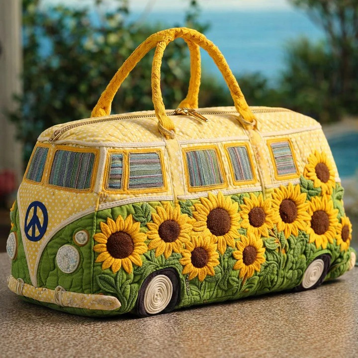 Sunflower Garden VW Bus Quilted Duffle Bag Floral Travel Bag Best Gift For Sunflower Lovers