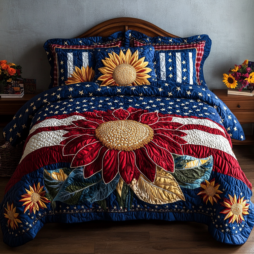 Sunflower Glory Quilted Bedding Set Best Bed Sheet Set Patriotic Gifts For Veterans