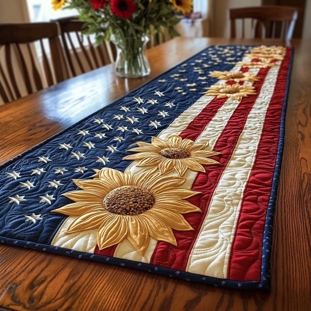 Sunflower Glory Stripes Quilted Table Runner Holiday Table Throw Patriotic Gifts For Him