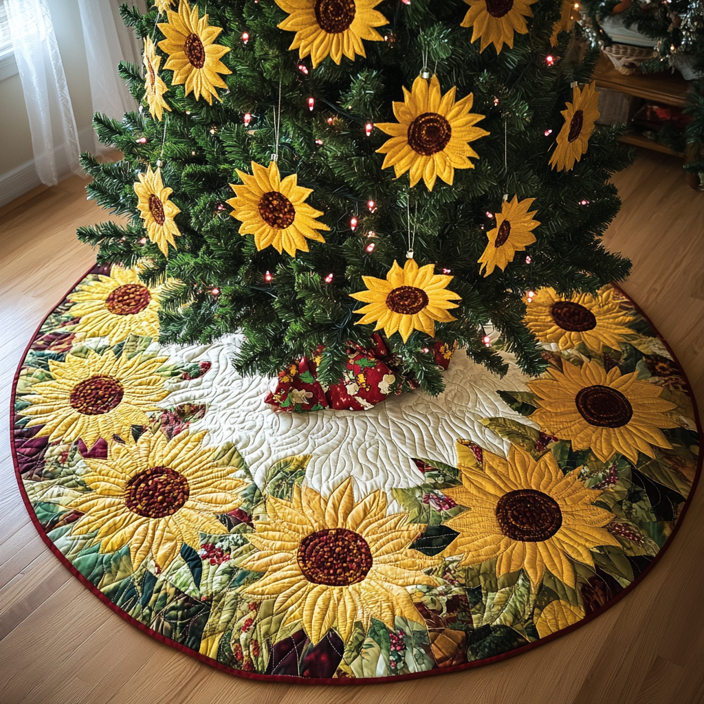 Sunflower Glow Christmas Quilted Tree Skirt Luxury Quilted Tree Skirt with Decorative Stitching