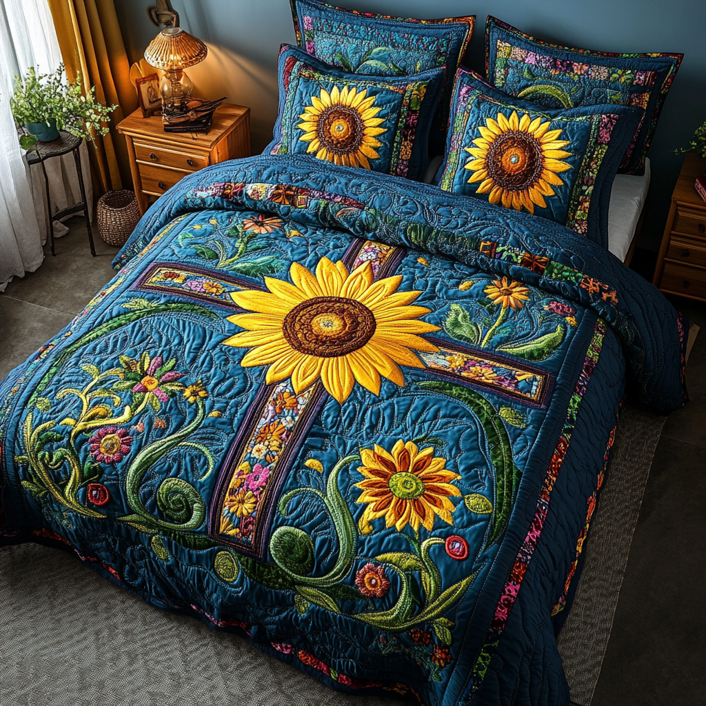 Sunflower Grace Quilted Bedding Set Cozy Bedroom Decor Sunflower Gifts For Grandma