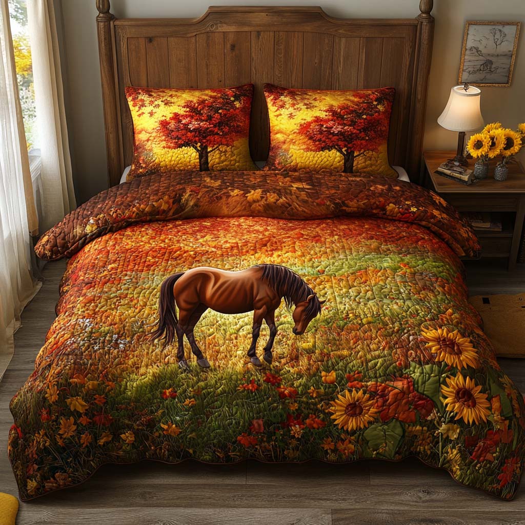 Sunflower Grove Quilted Bedding Set Autumn Bed Sheet Set Horse Gifts For Adults