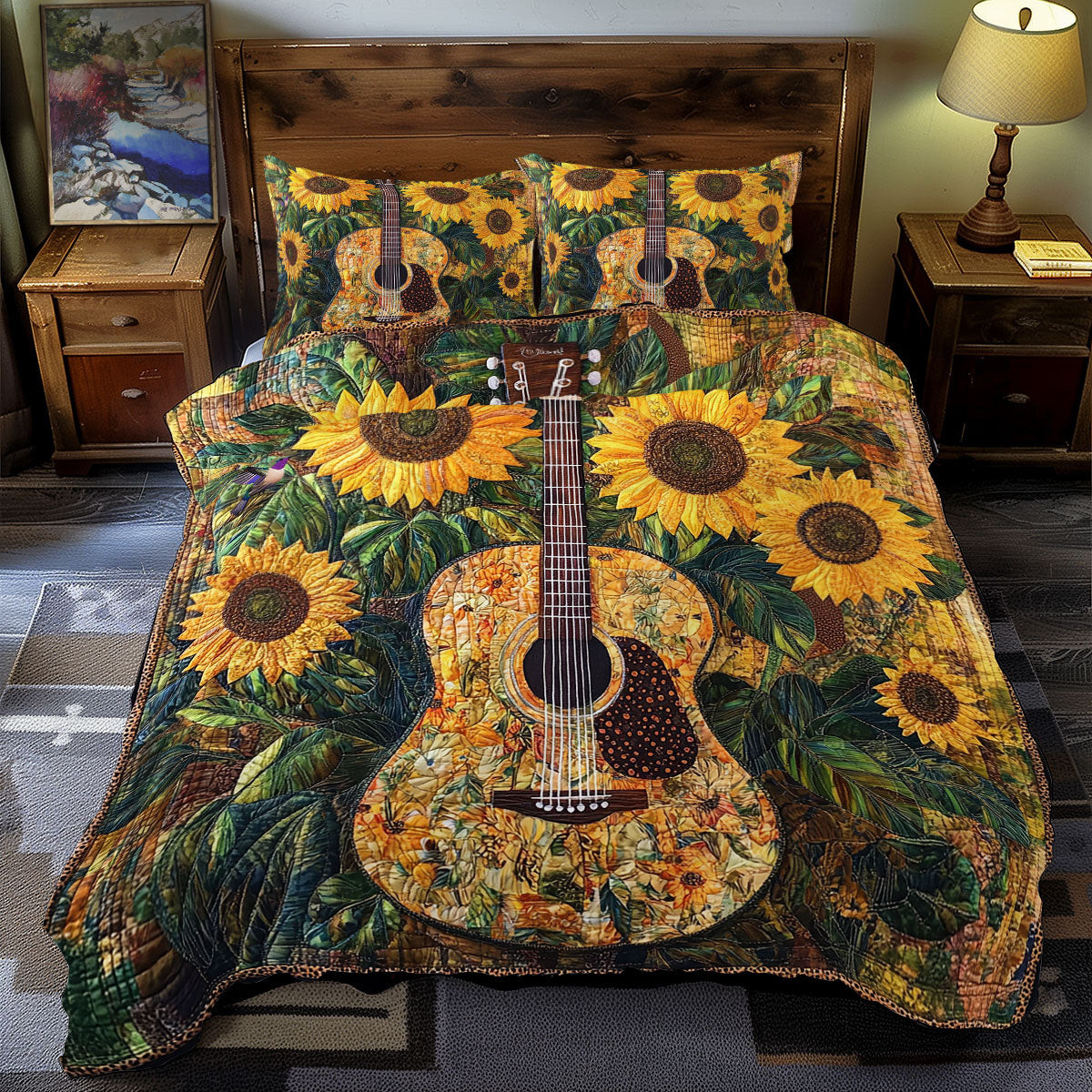 Sunflower Guitar Holiday Xmas Quilted Bedding Set Best Christmas Gifts For Couples