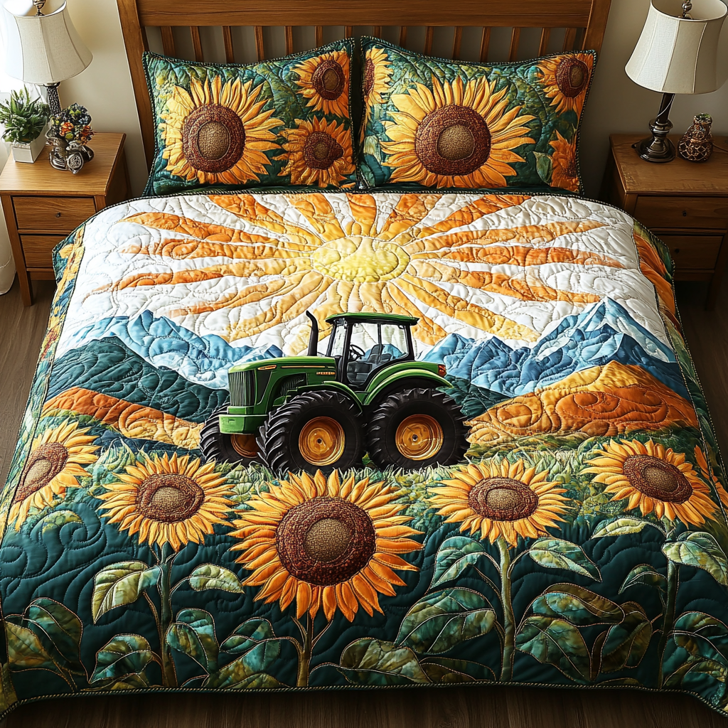 Sunflower Harves Quilted Bedding Set Cute Bedroom Decor Funny Tractor Gifts