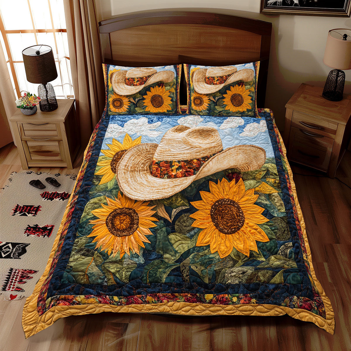 Sunflower Hat Holiday Xmas Quilted Bedding Set Unique Christmas Gift For Girlfriend