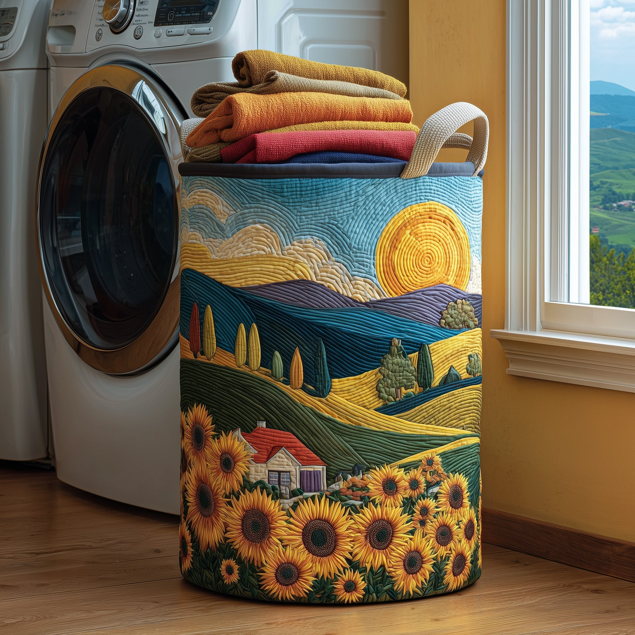 Sunflower Heaven Quilted Laundry Basket Aesthetic Home Decor Farmer Gift Ideas
