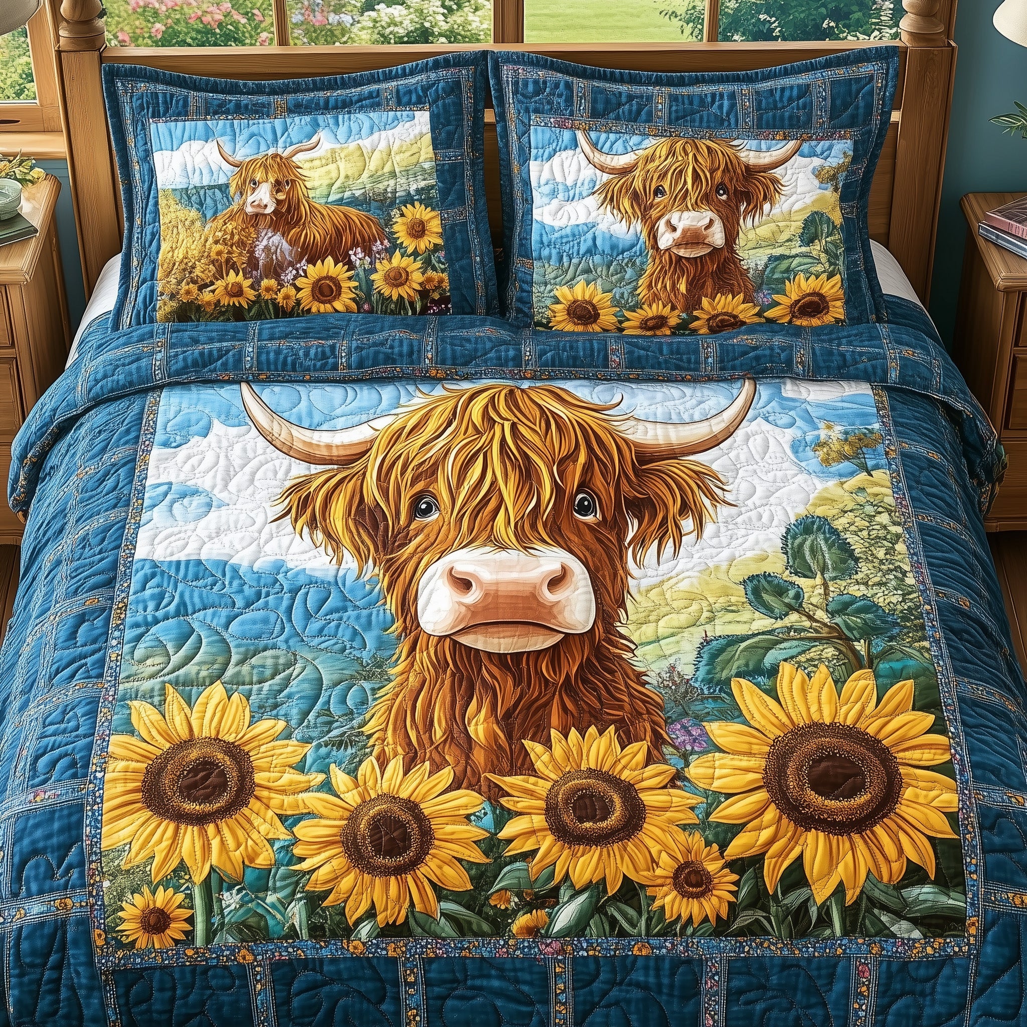 Sunflower Highland Cow Quilted Bedding Set Duvet Cover Bedspread Gifts For Cattle Lovers