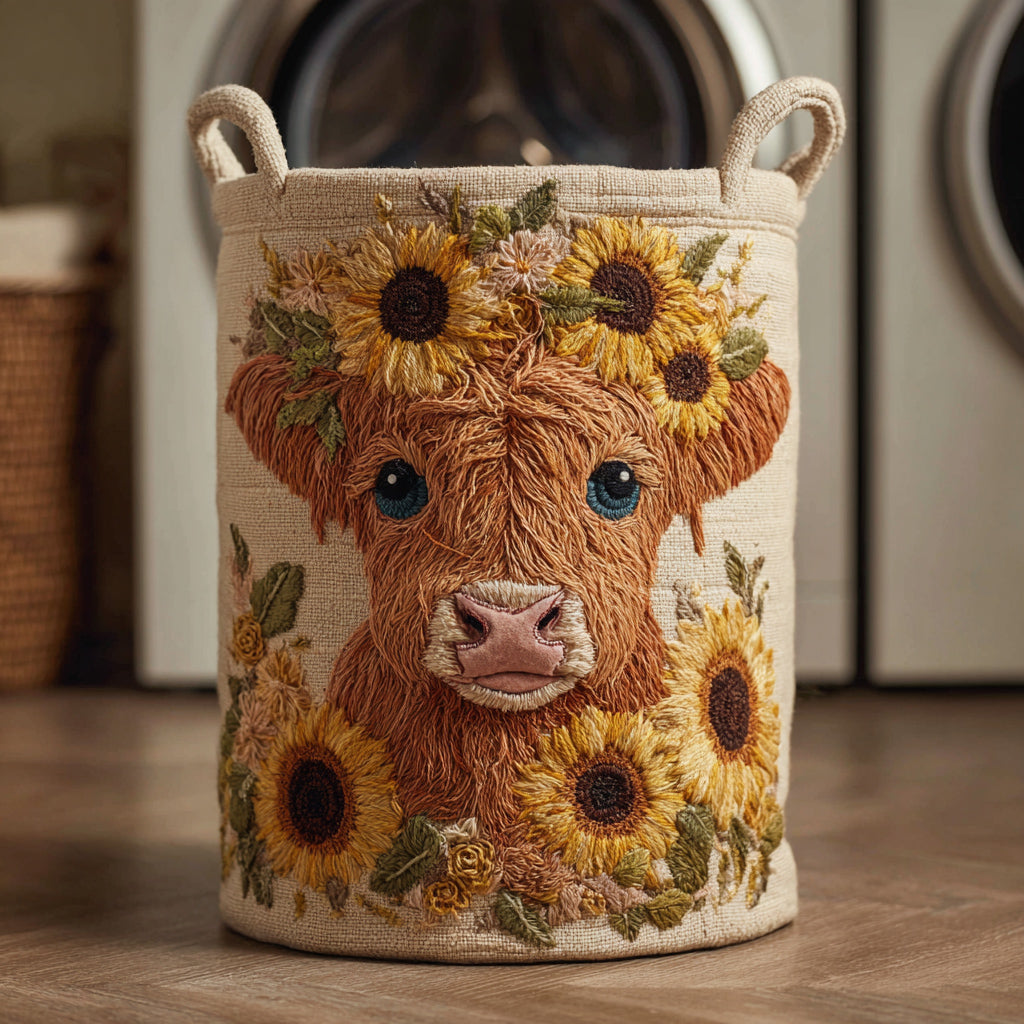 Sunflower Highland Cow Quilted Laundry Basket Lovely Quilted Laundry Basket Gift for Mom or Grandma