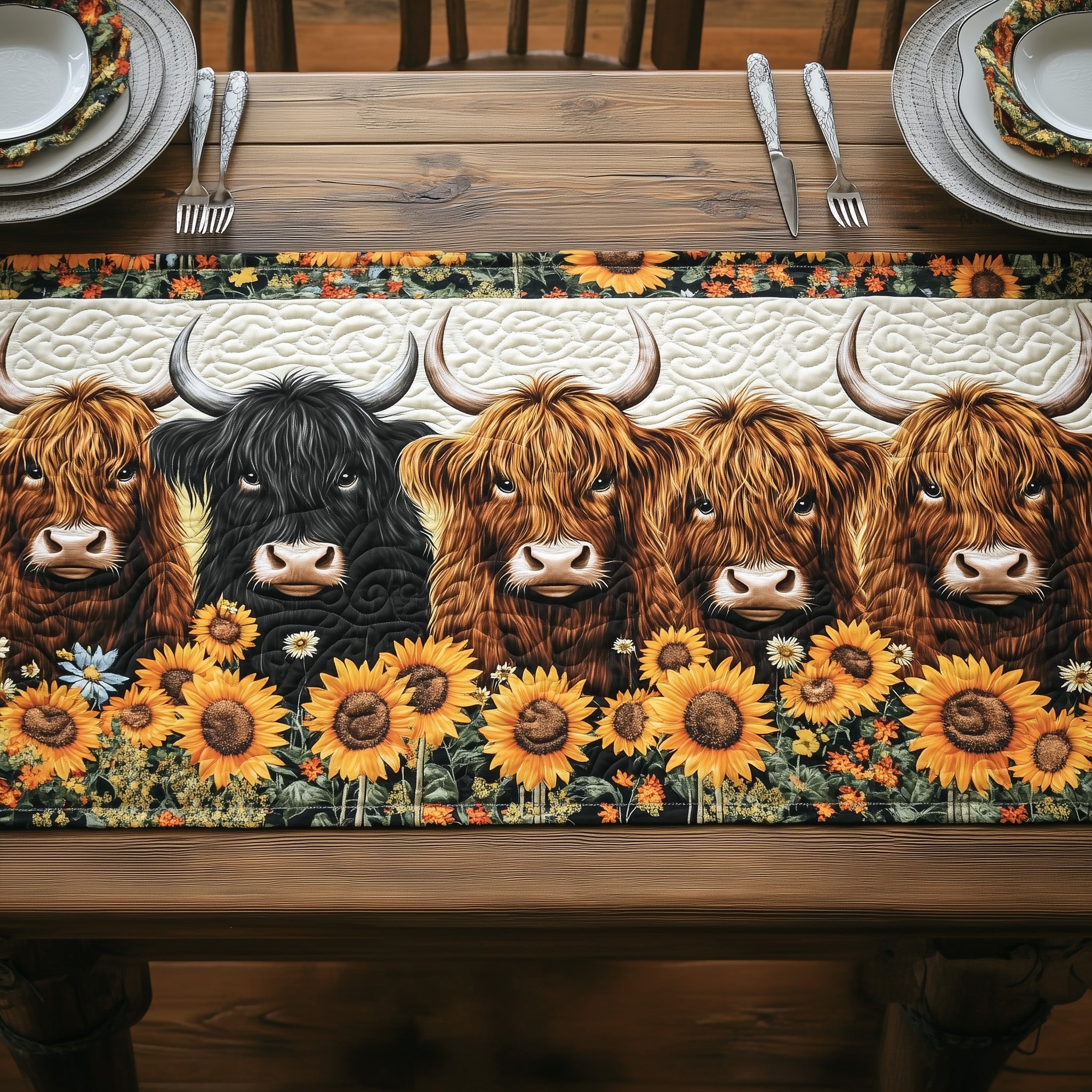 Sunflower Highland Cow Quilted Table Runner Merry Christmas Table Runner Decor