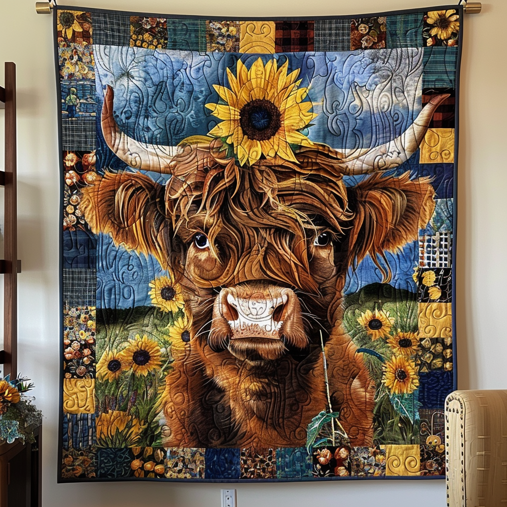 Sunflower Highland Harmony Quilted Blanket Gift For Cow Lover