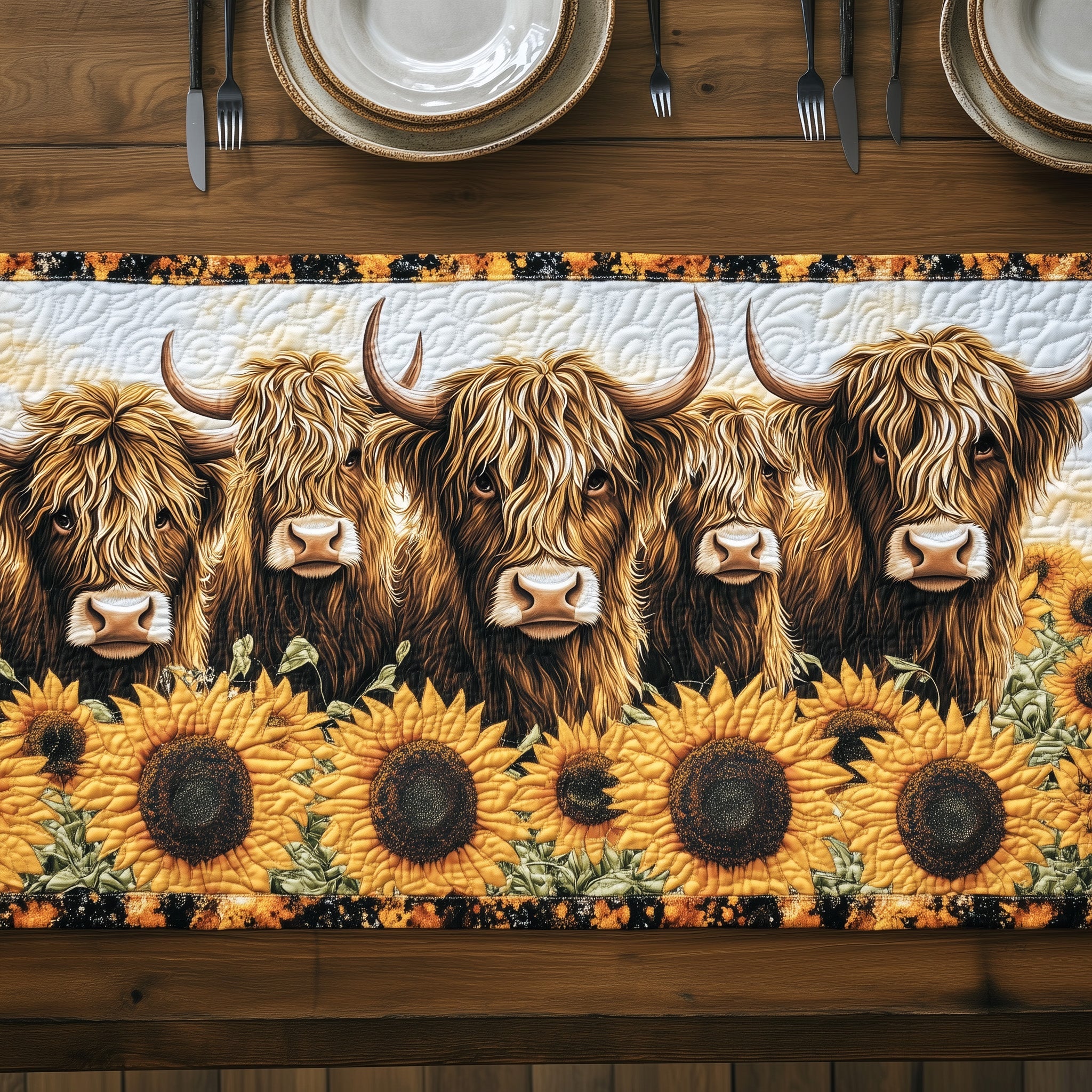 Sunflower Highland Moo Quilted Table Runner Cozy Christmas Table Runner