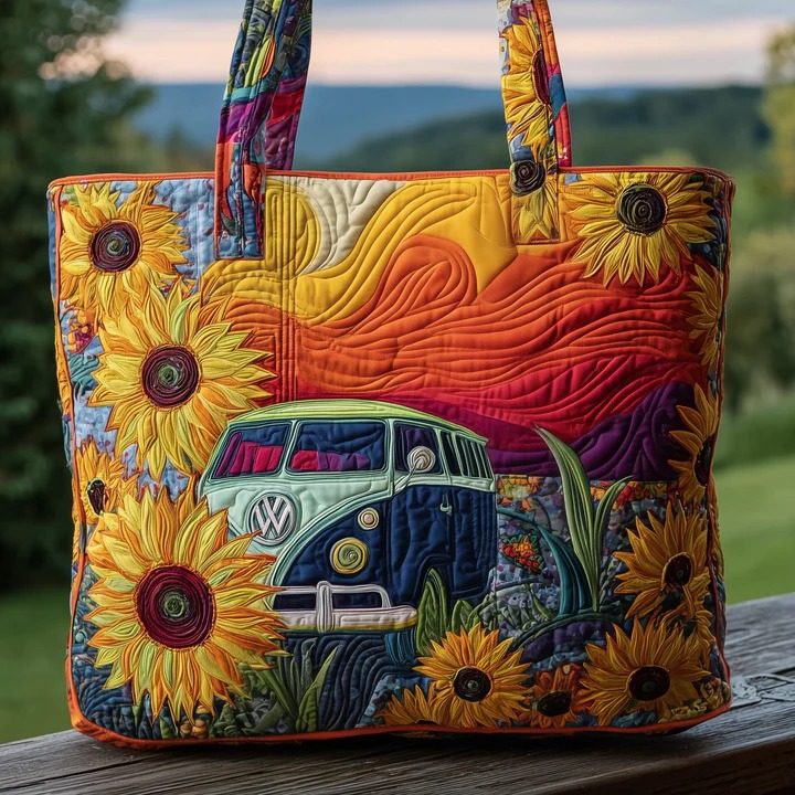 Sunflower Hippie Bus Quilted Tote Bag Sunset Nature Boho Bag Best Gift For Women