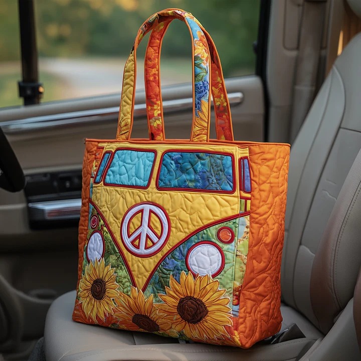Sunflower Hippie Van Quilted Tote Bag Orange Peace Boho Bag Best Gift For Her
