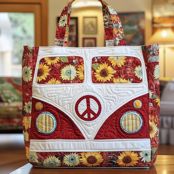 Sunflower Hippie Van Quilted Tote Bag Red White Peace Sign Bag Best Gift For Women