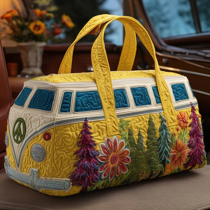 Sunflower Hippie VW Bus Quilted Duffle Bag Floral Travel Bag Best Gift For Sunflower Lovers