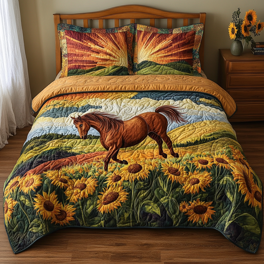 Sunflower Horse Parade Quilted Bedding Set Bed Room Decoration Gifts For Horse People