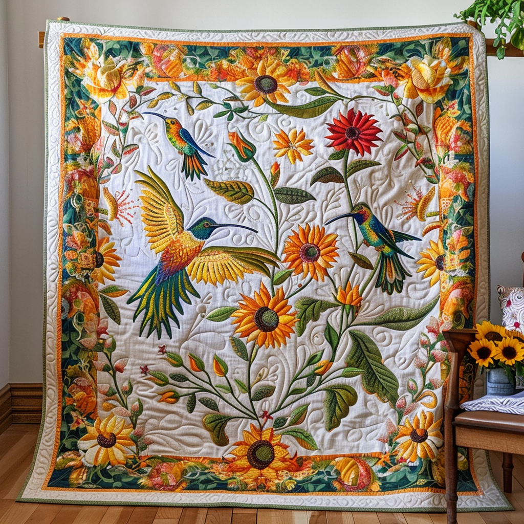 Sunflower Hummingbird Quilted Blanket Gifts For Hummingbird Lovers