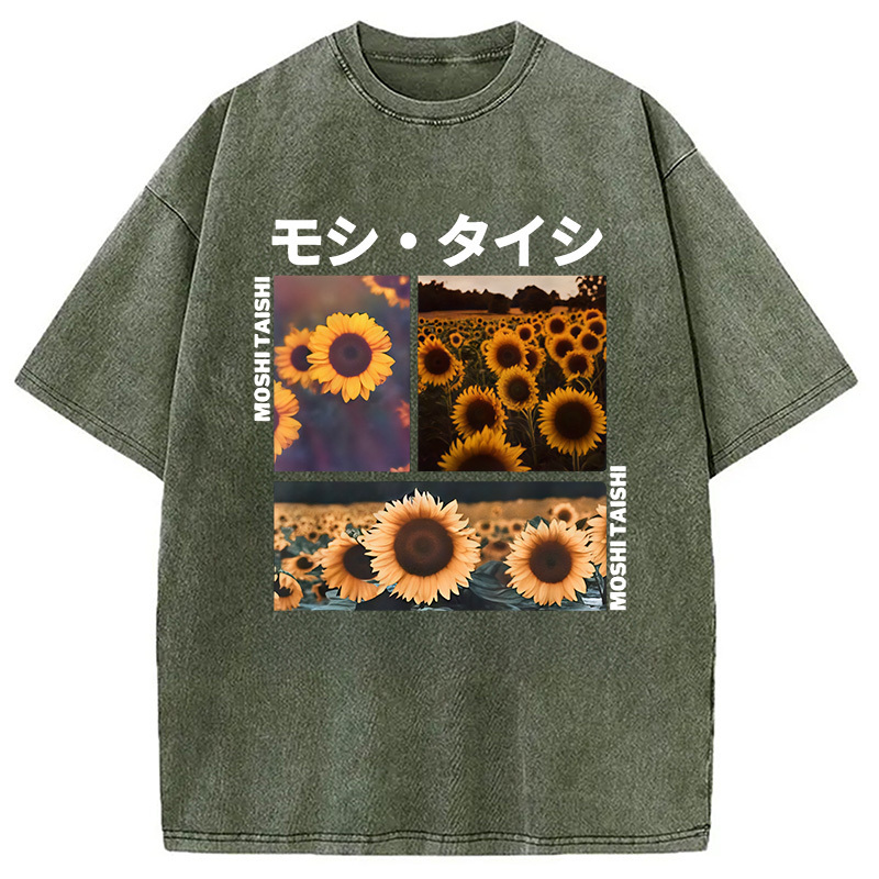 Sunflower Japanese Tokyo Washed T-Shirt Unisex Streetwear Graphic Style Gifts For Best Friend