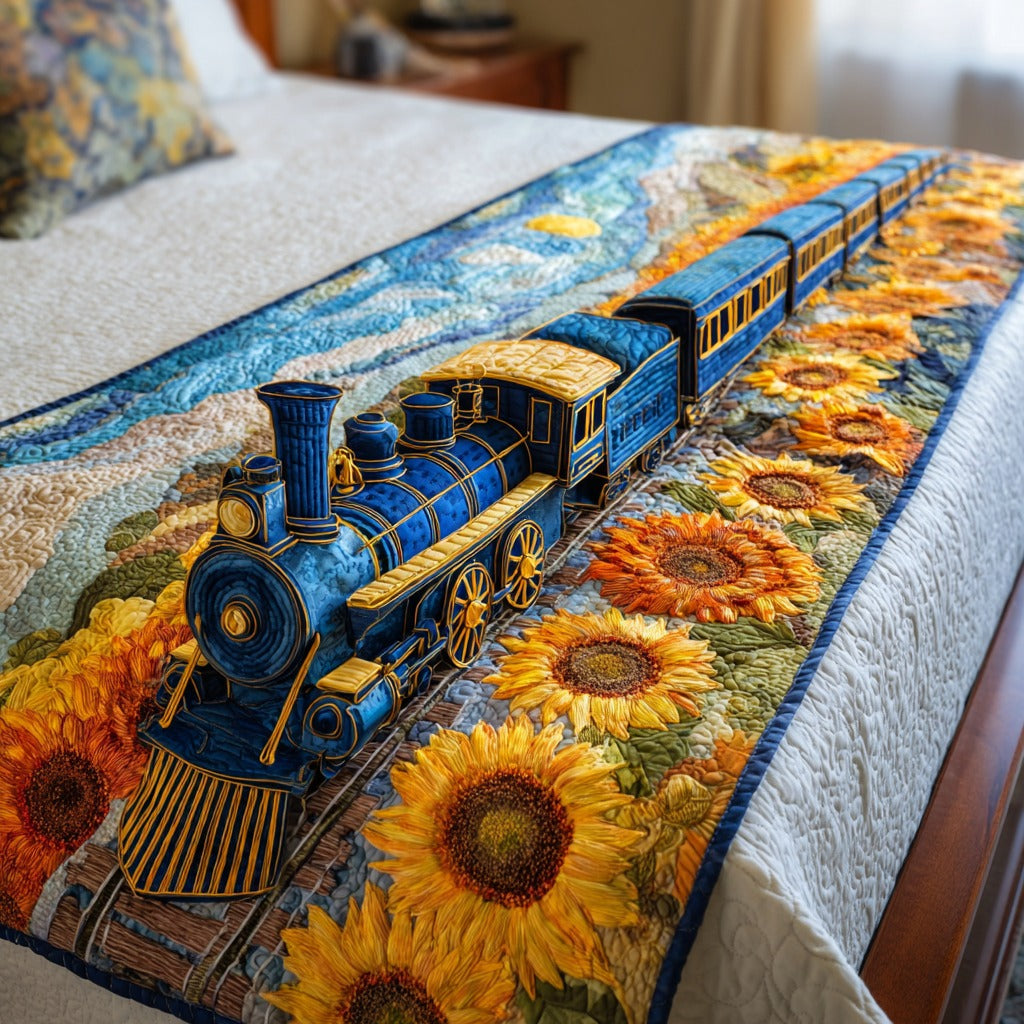 Sunflower Journey Quilted Bed Runner Aesthetic Room Decor Train Gifts For Adults