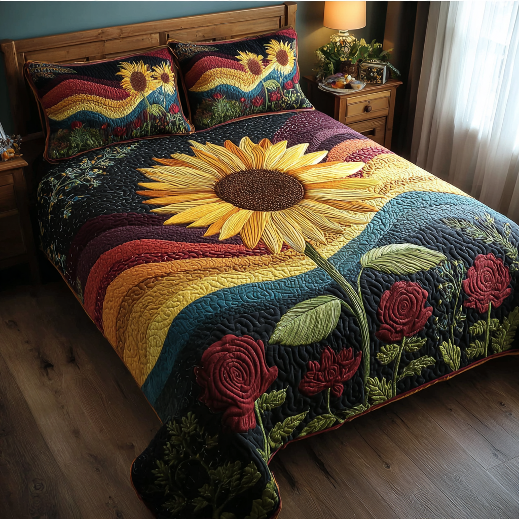Sunflower Joy Quilted Bedding Set Cool Bedroom Decor Sunflower Birthday Gifts