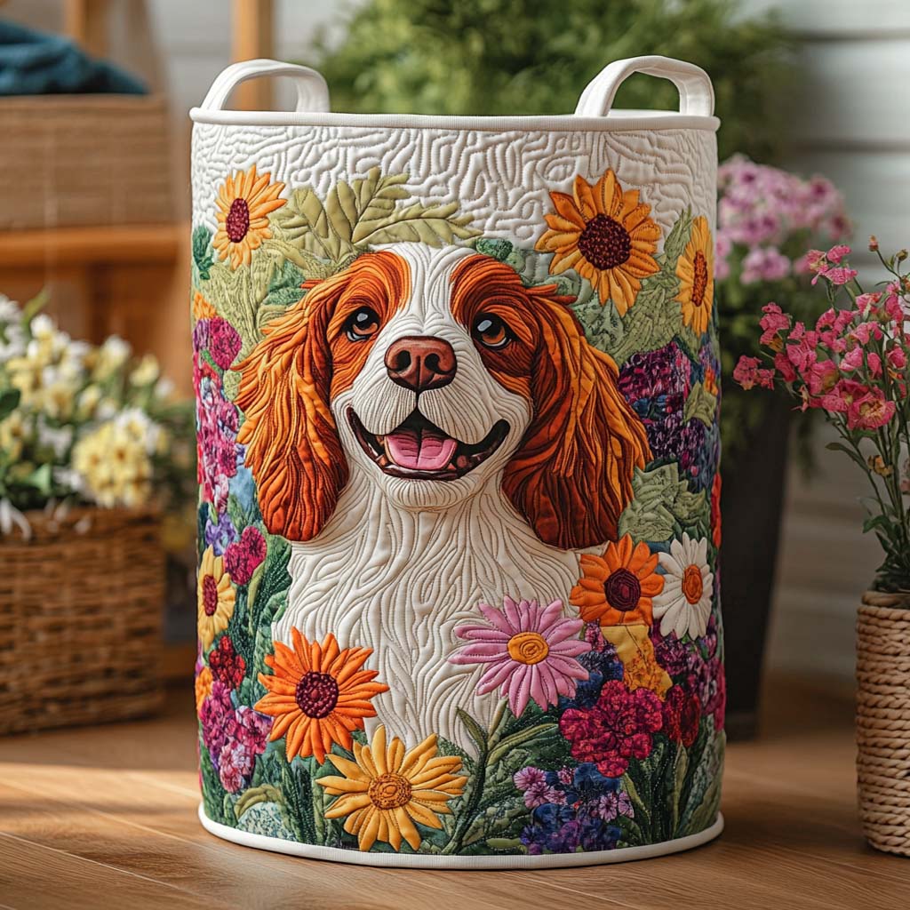 Sunflower Joy Spaniel Quilted Laundry Basket Practical Quilted Laundry Hamper Gift for Daily Use