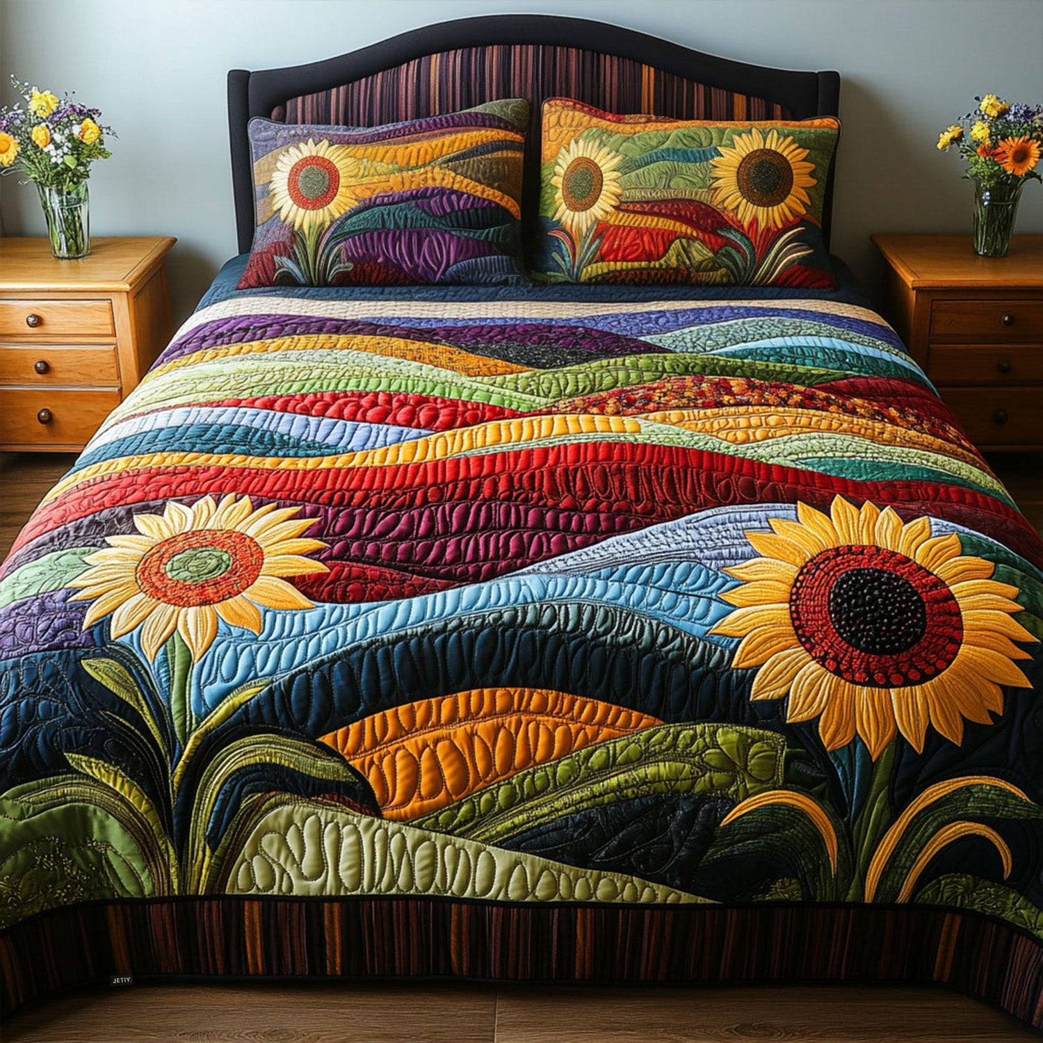 Sunflower Landscape Quilted Bedding Set Cute Room Decor Sunflower Items For Gifts