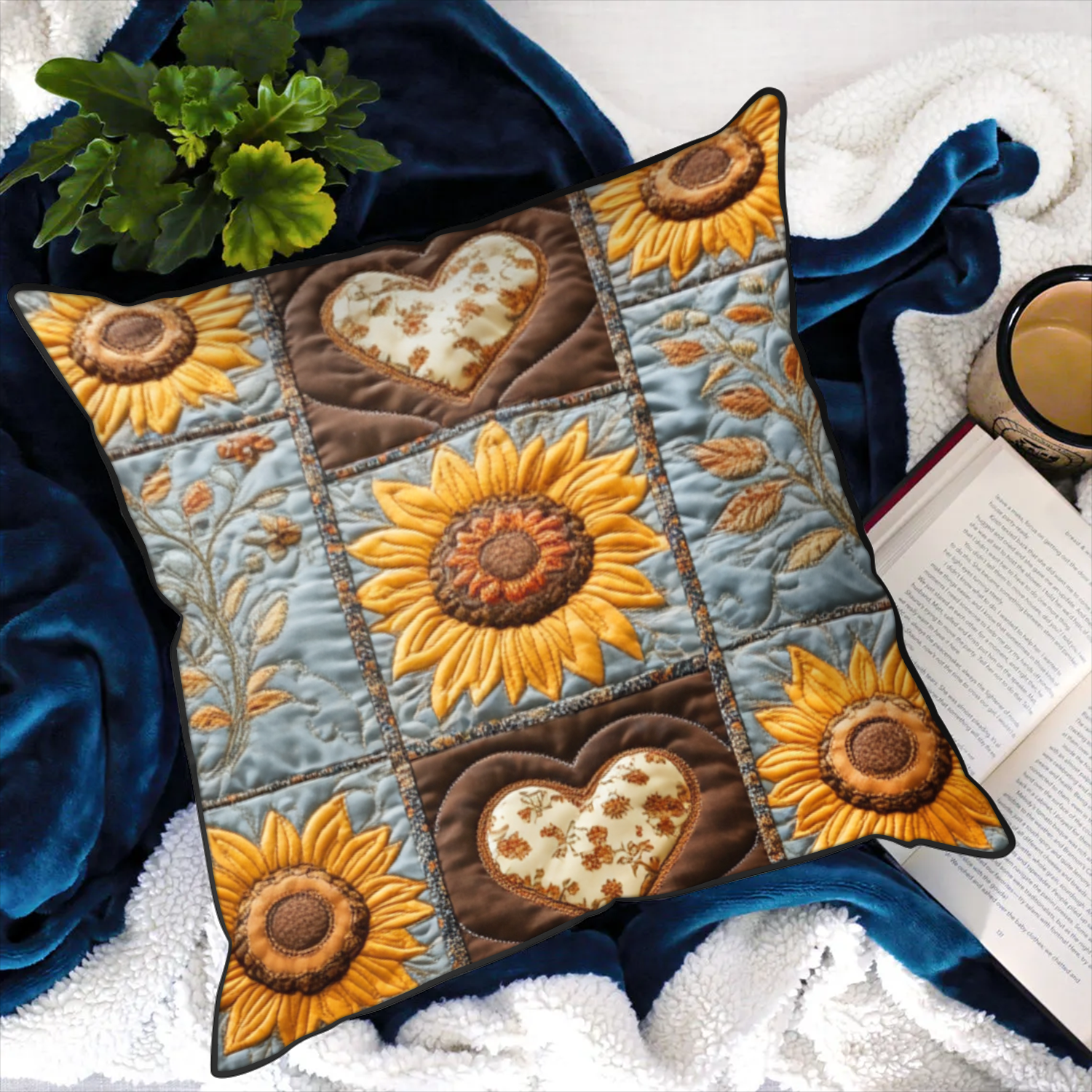 Sunflower Love Quilted Pillow Case Festive Holiday Throw Pillow