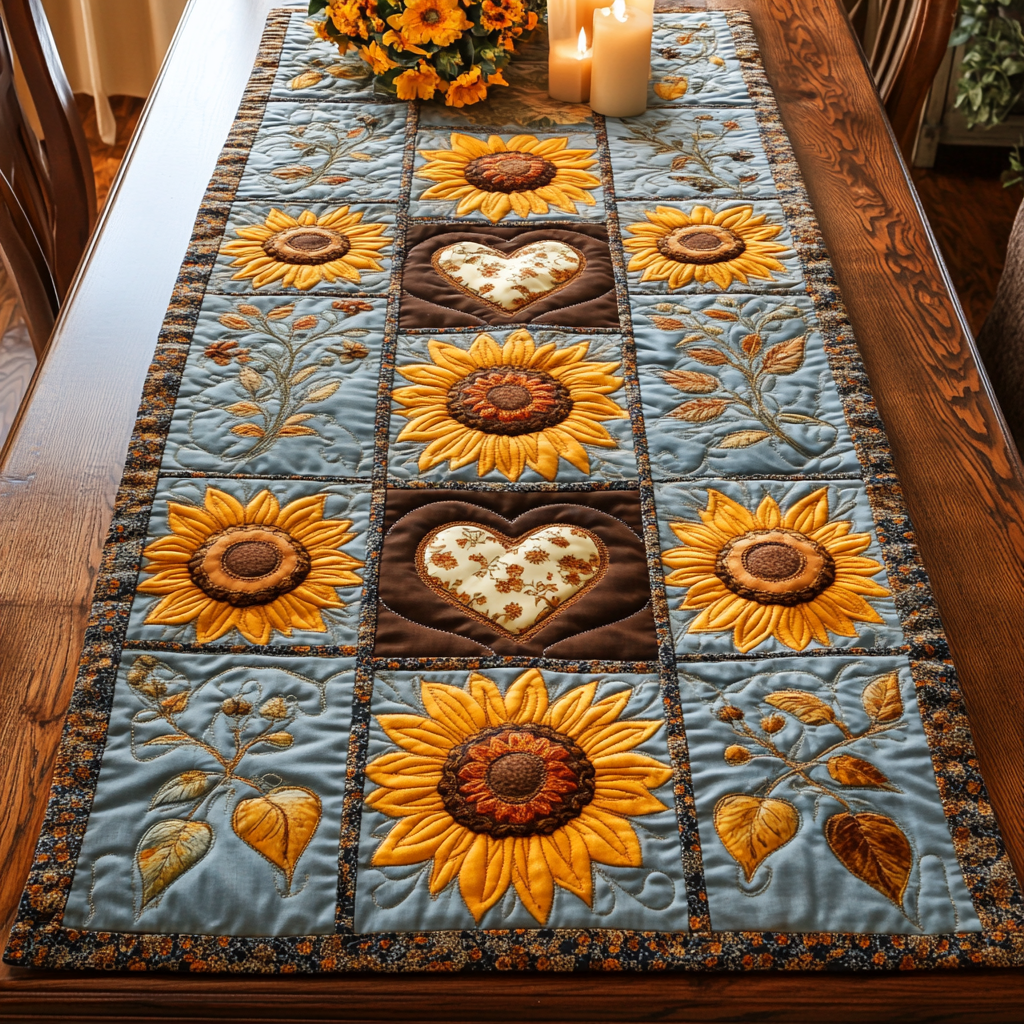 Sunflower Love Quilted Table Runner Floral Table Runner Dad Birthday Gifts