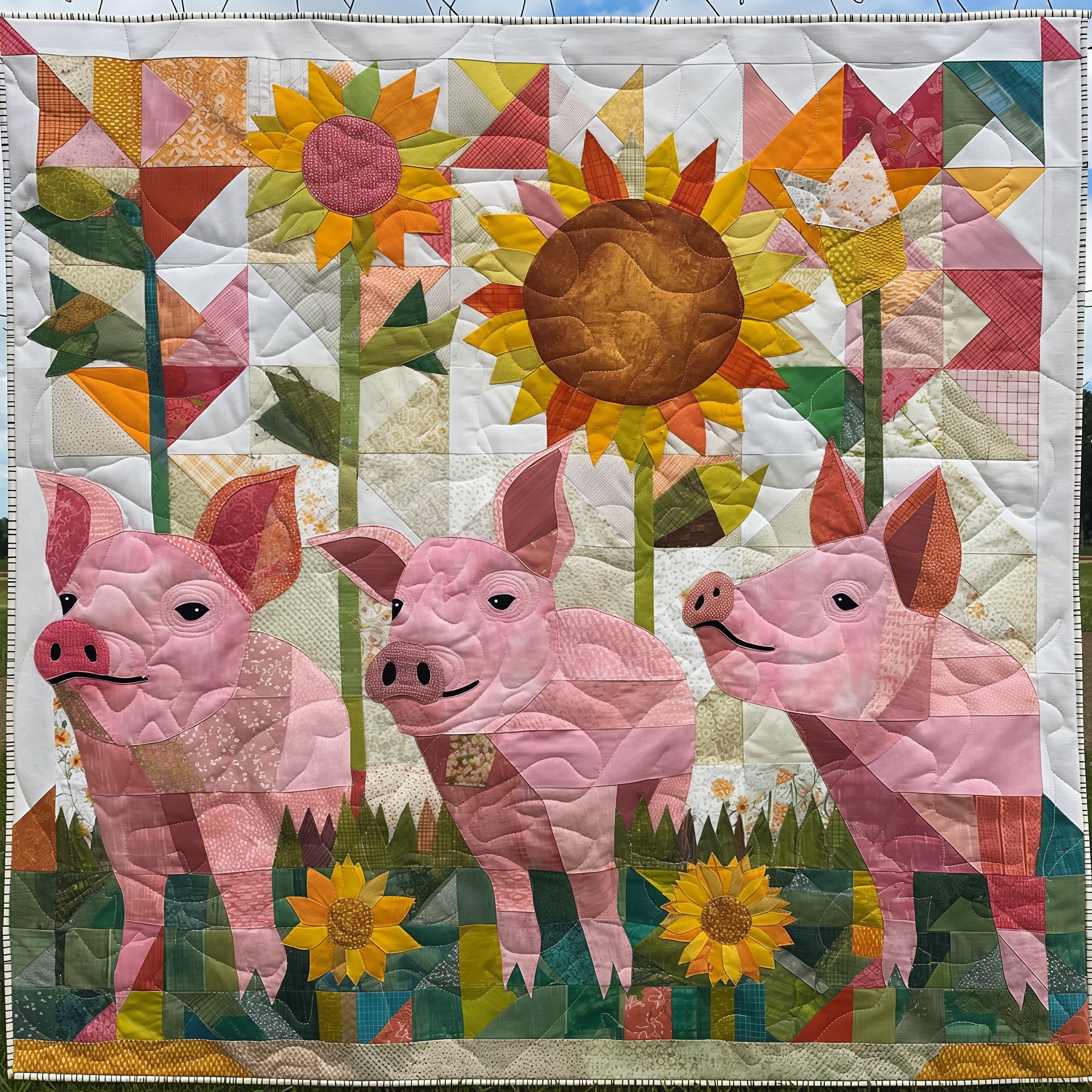 Sunflower Meadow Pig Quilted Blanket Cute Christmas Blankets