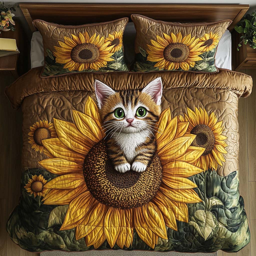 Sunflower Nest Quilted Bedding Set Best Comforter Sets Cat Lovers Owners Presents