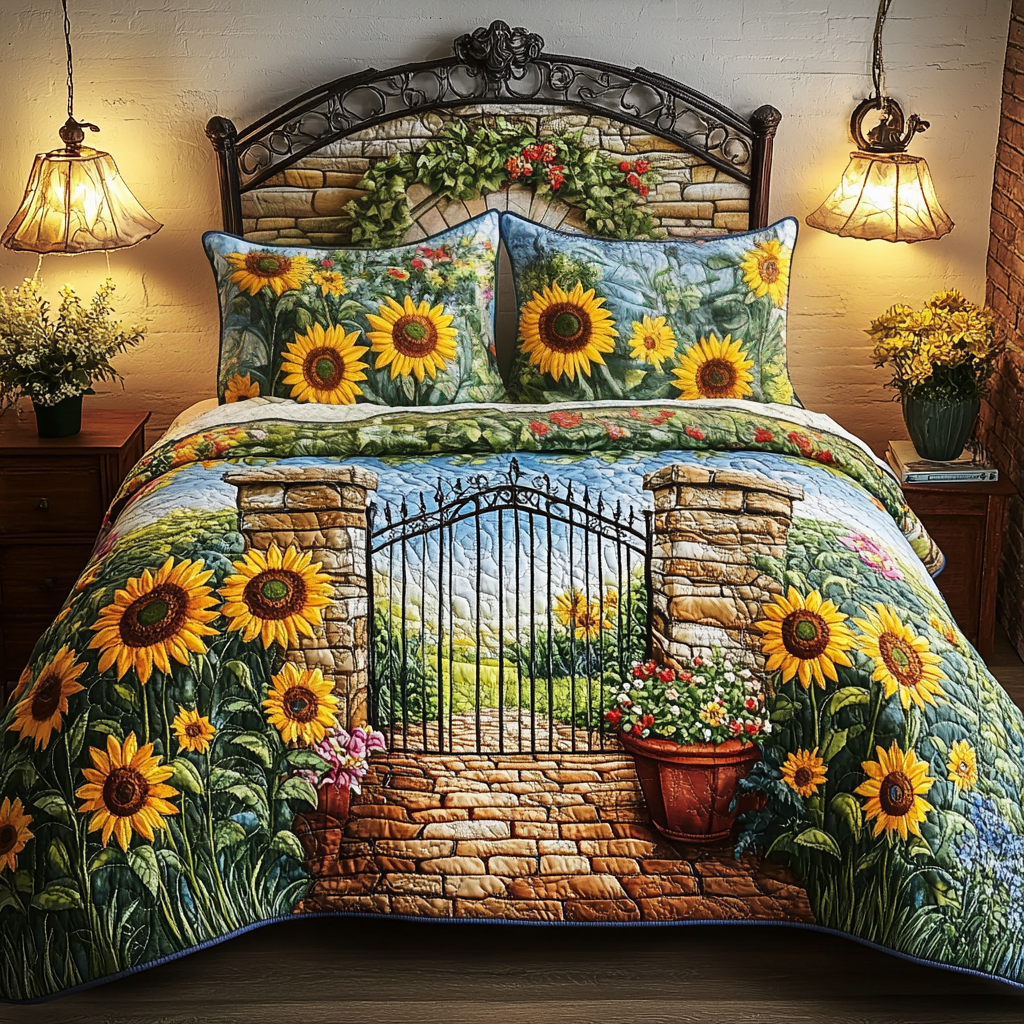 Sunflower Path Quilted Bedding Set Cute Room Decor Gifts For The Flower Lover