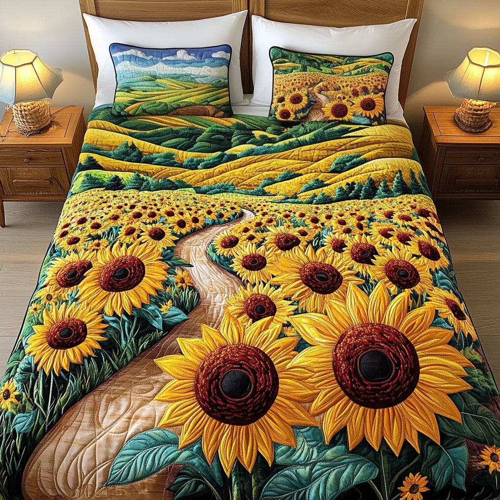 Sunflower Pathway Quilted Bedding Set Unique Bed Sheet Set Gifts For Sunflower Lovers