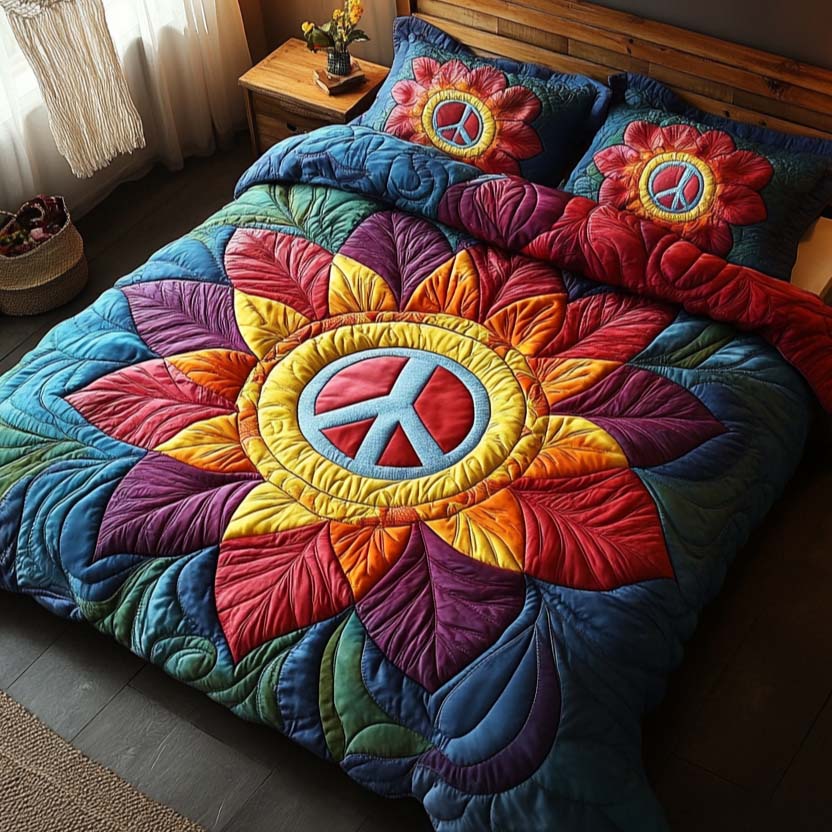 Sunflower Peace Quilted Bedding Set Holiday Duvet Covers Hippie Style Gifts