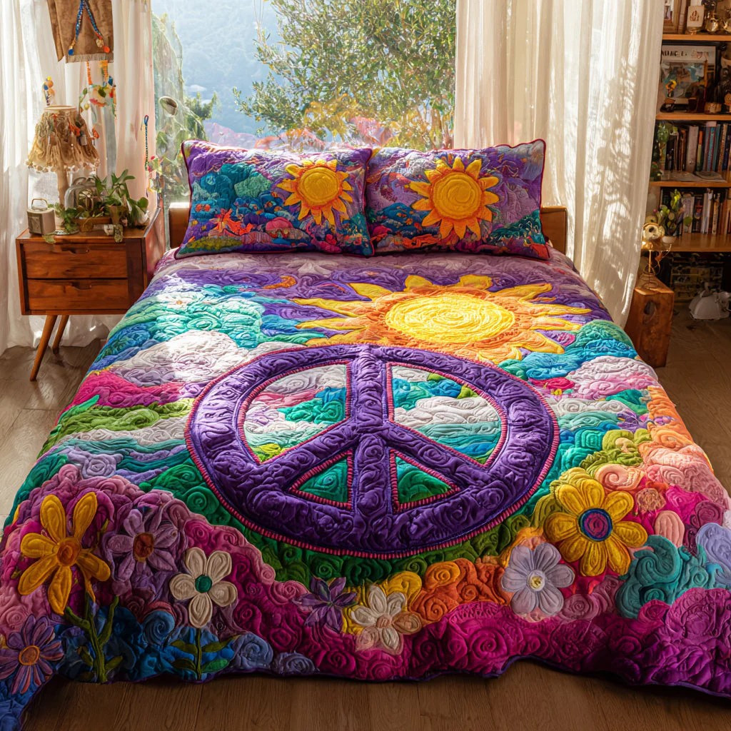 Sunflower Peace Sign 3-Piece Quilted Bedding Set Hippie Floral Bedspread Best Gift For Her
