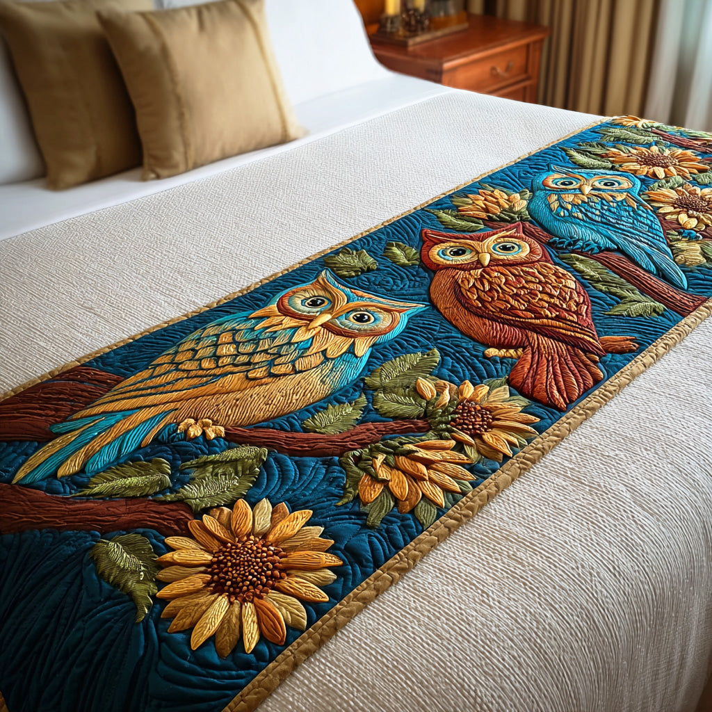 Sunflower Perch Quilted Bed Runner Bedroom Decor Ideas Owl Lovers Gifts For Him