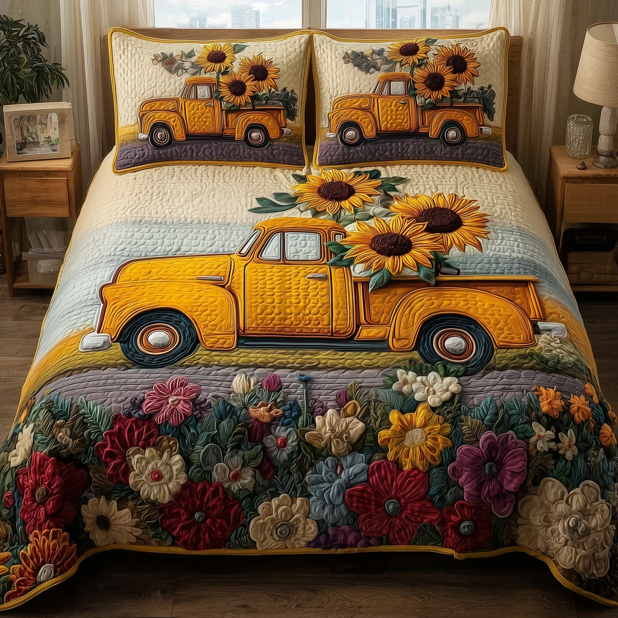 Sunflower Quilted Bedding Set Solid Color