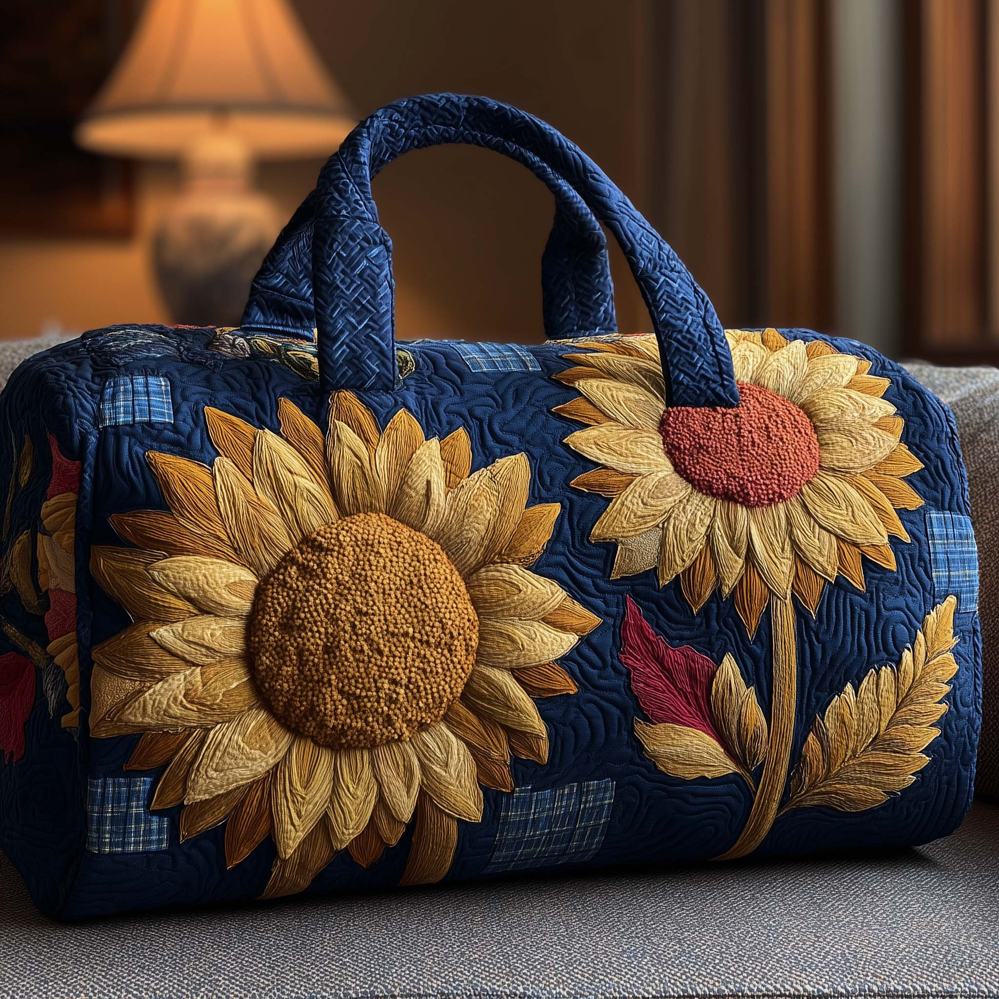 Sunflower Quilted Duffle Bag Bold Navy Blue Farmhouse Best Gift For Sunflower Lovers