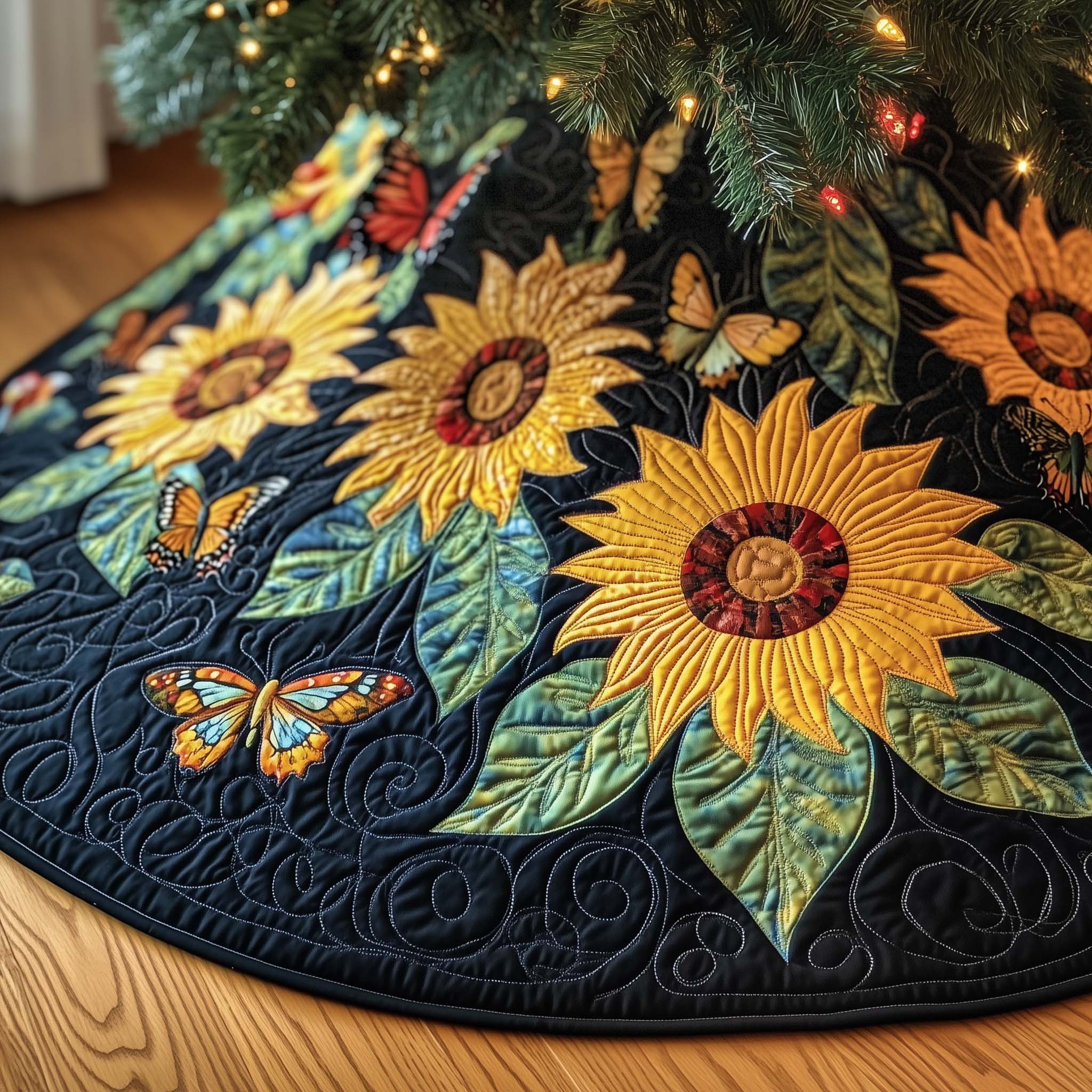 Sunflower Quilted Tree Skirt Floral Themed Interior Decor Accents Best Gift For Xmas