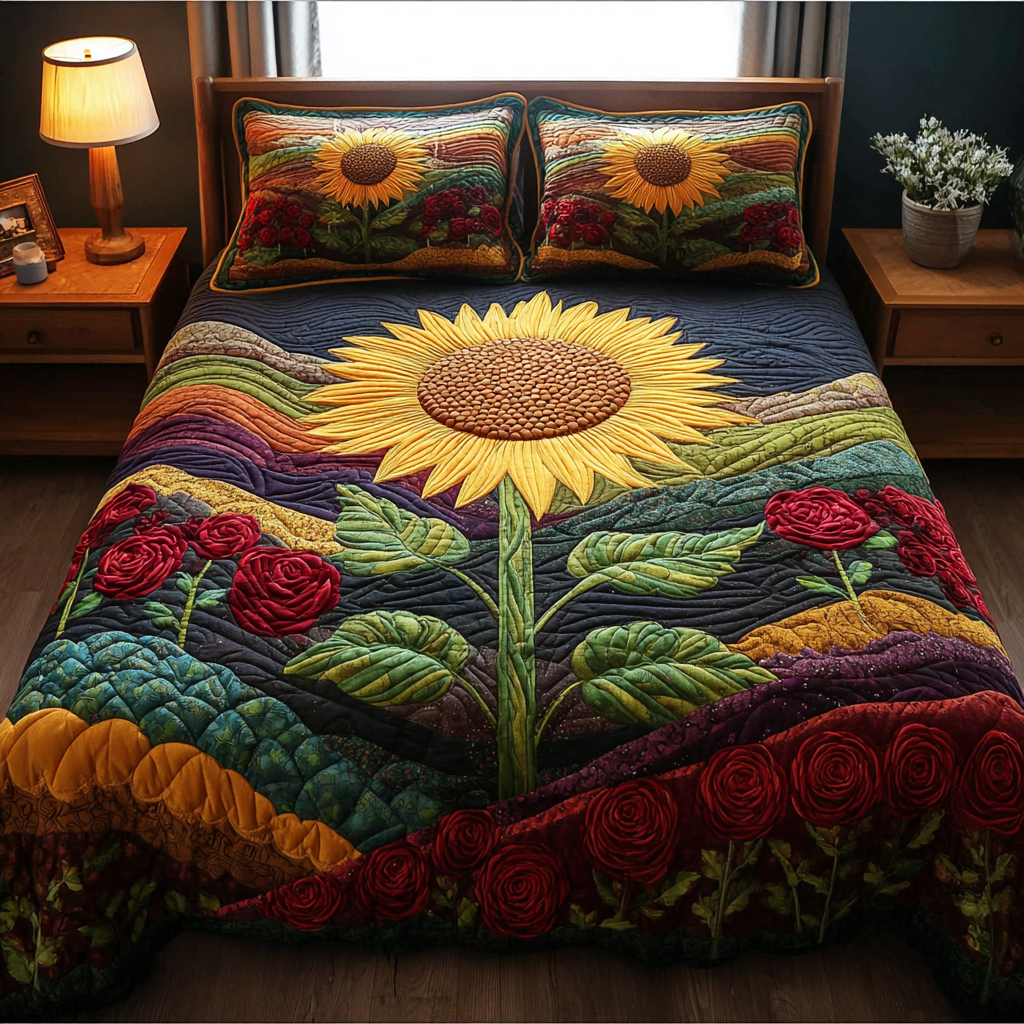 Sunflower Radiance Quilted Bedding Set Bed Room Decoration Gifts For Sunflower Lovers