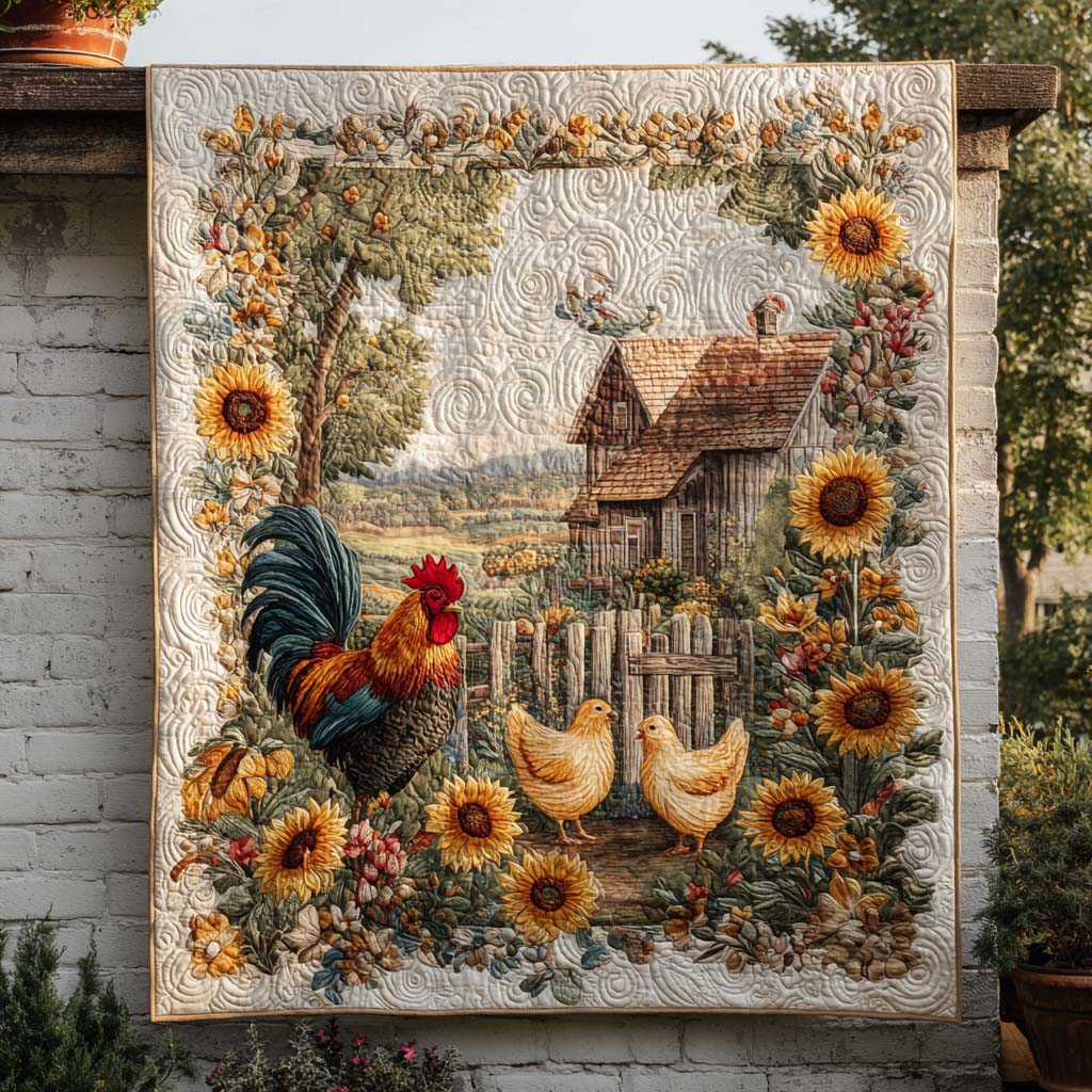 Sunflower Rooster Scene Quilted Blanket Cool Throw Blanket Gifts With Chickens On Them