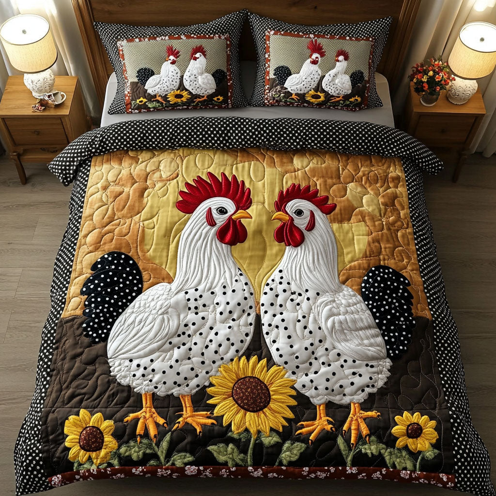 Sunflower Roosters Quilted Bedding Set Luxury Comforter Gift Set for Him or Her