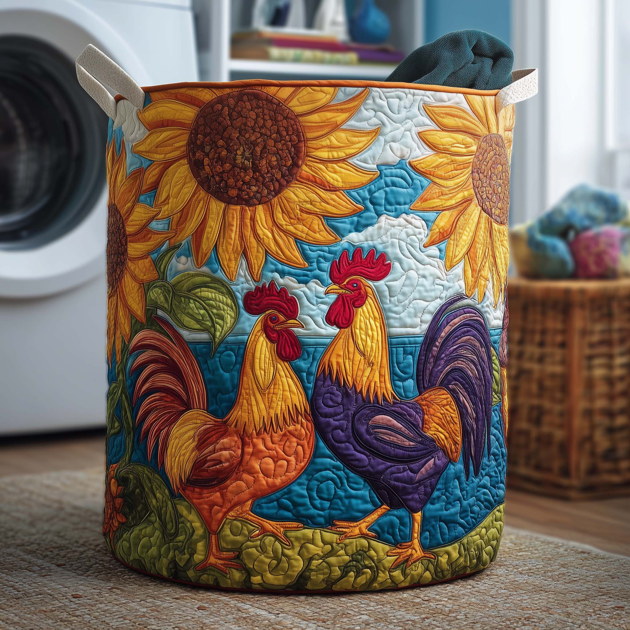 Sunflower Roosters Quilted Laundry Basket Rustic Home Decor Best Gifts For Rooster Lovers