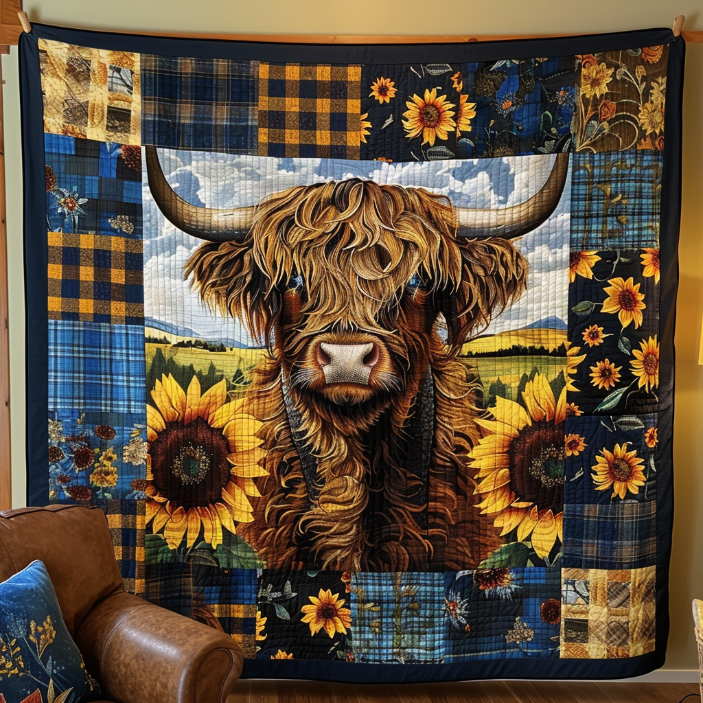Sunflower Serenade Highland Quilted Blanket Gift For Cow Lover