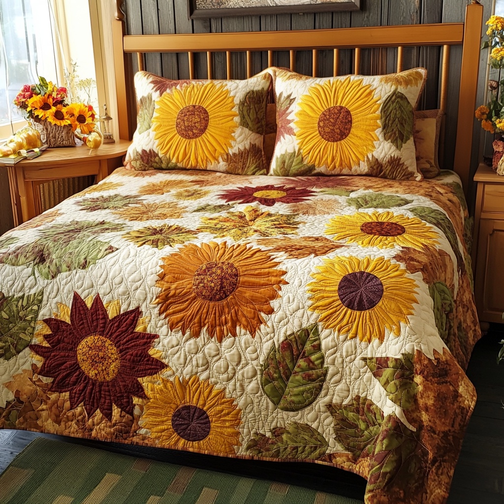 Sunflower Serenade Quilted Bedding Set Floral Bedroom Decor Best Gift For Sunflower Lovers